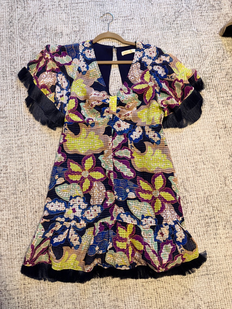Marie Oliver Multi-Color Floral Keyhole Mini Dress With Fringe